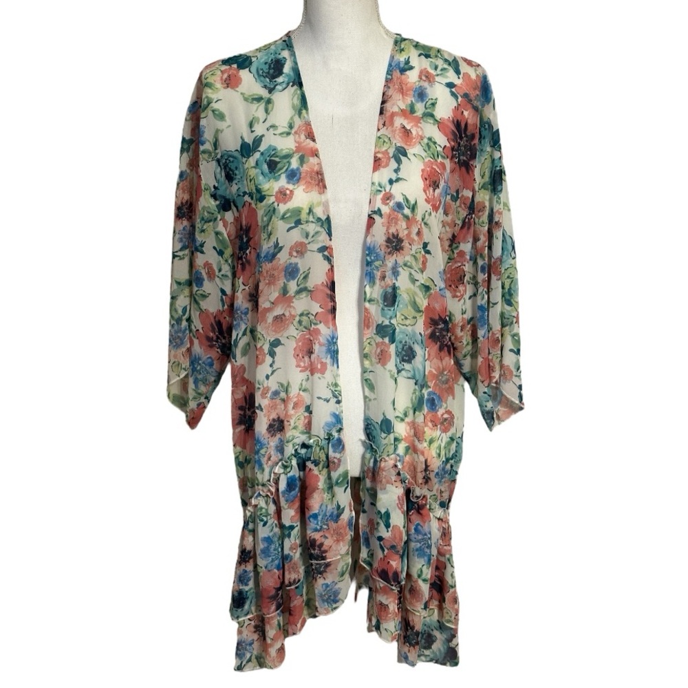 Merkai Floral Ruffle Kimono Cardigan NWOT